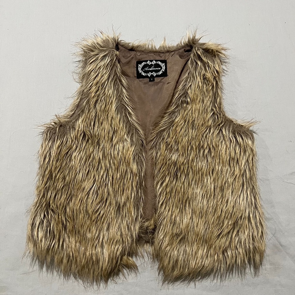 Y2K Ambiance Womens Brown Shaggy Lined Sleeveless Open-Front Faux Fur Vest S